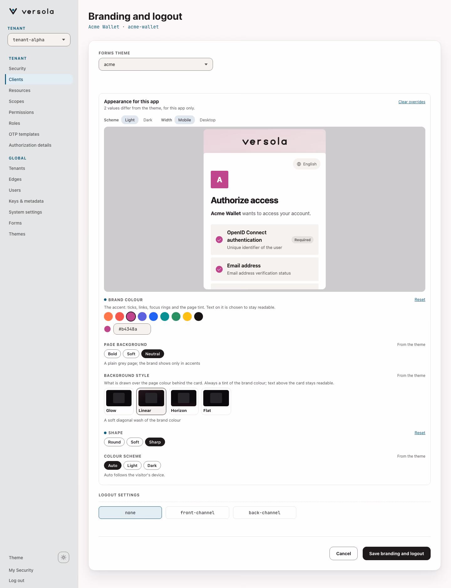 Branding and logout page of the partner app Acme Wallet: the acme theme is selected in Forms Theme, and Appearance for this app shows a consent screen preview with a magenta brand colour and square corners, with the brand colour and shape marked as overridden and the other three values coming from the theme