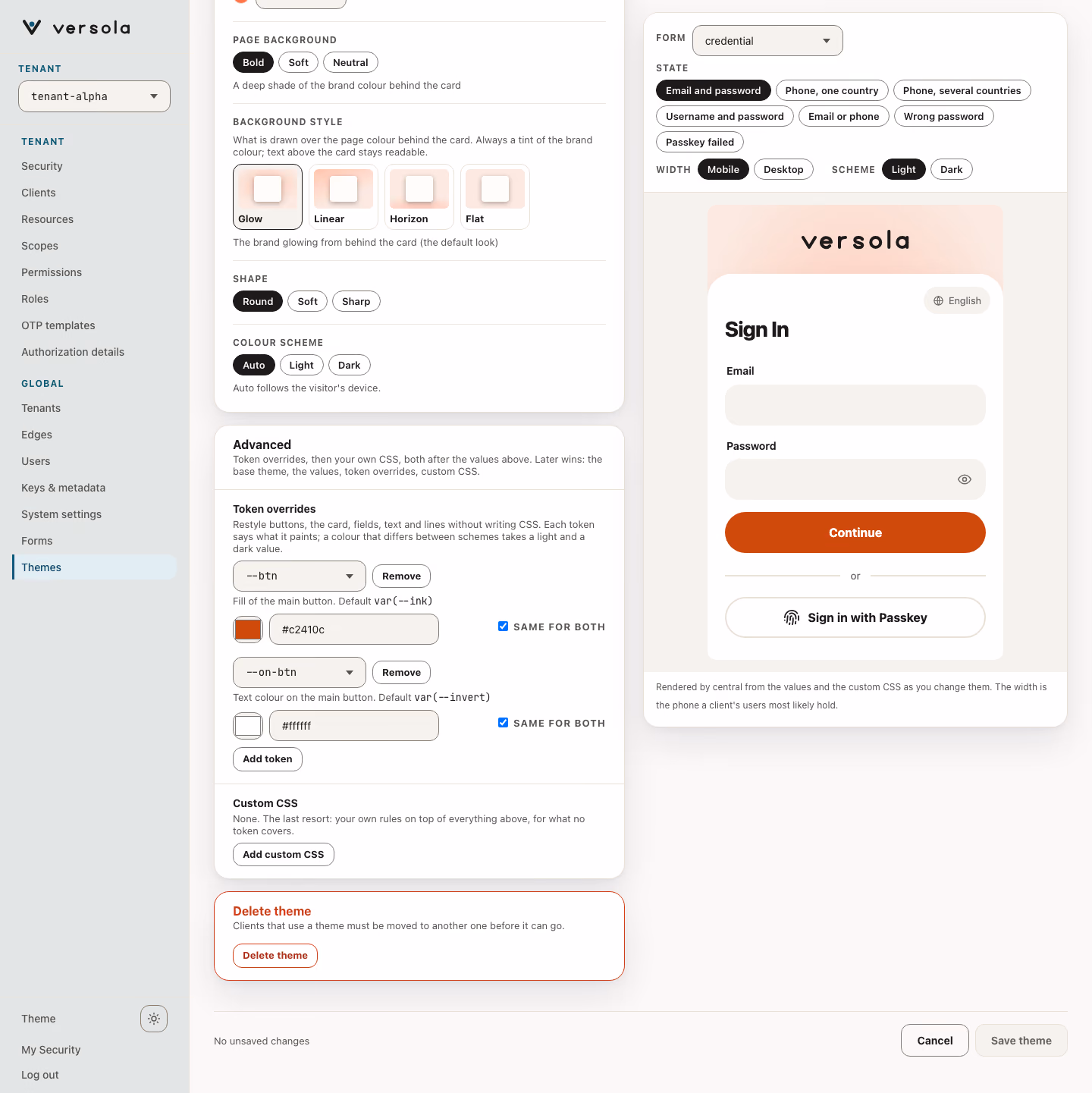 The Advanced card of the theme editor: two token override rows, --btn set to #c2410c and --on-btn to #ffffff, and next to it the preview of the sign-in form with an orange Continue button