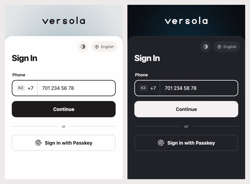 The phone sign-in screen of the default theme in the light scheme on the left and the dark scheme on the right: the Versola wordmark above the card, a phone field with the KZ +7 prefix, the Continue button and the passkey button
