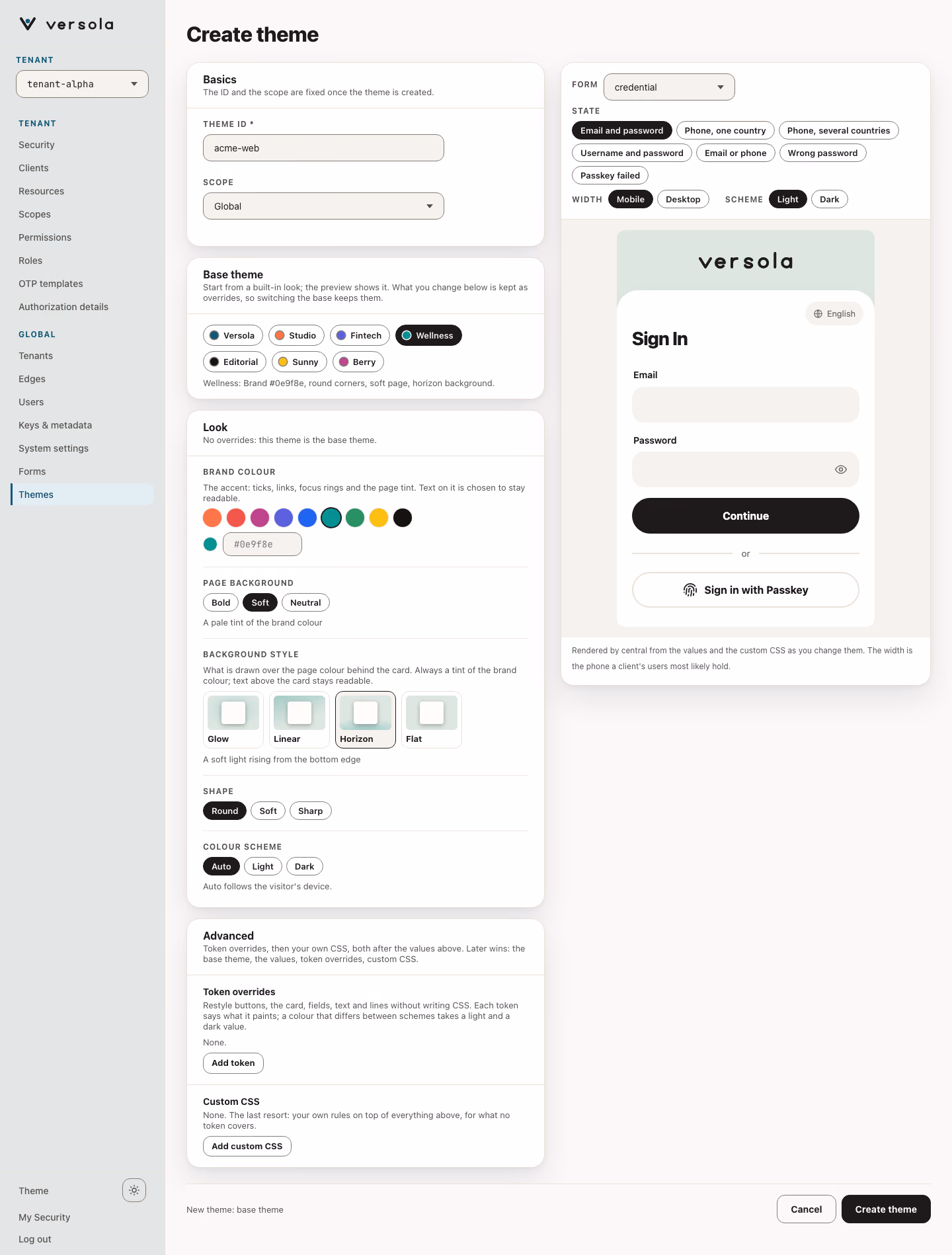 The Create theme page of the admin console with the theme ID acme-web, the Wellness preset selected, the five values of the Look card and, on the right, a preview of the sign-in form in the same pale green and round corners