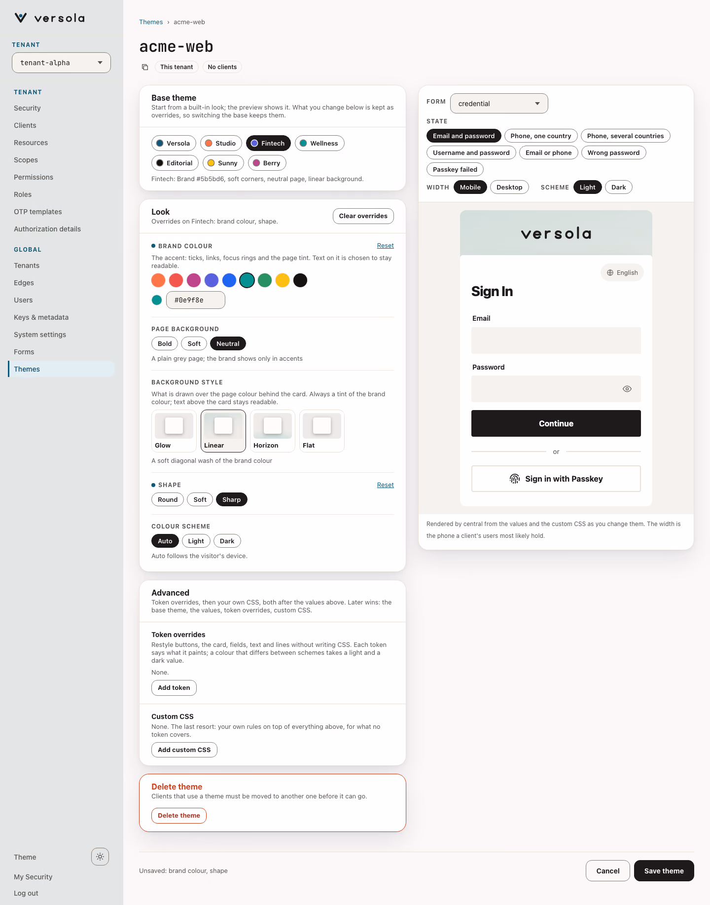 The page of the saved theme acme-web on the Fintech preset after changing the brand colour to teal and the shape to Sharp: both values carry a Reset link, the Look card says Overrides on Fintech: brand colour, shape, the bottom bar says Unsaved: brand colour, shape, and the preview shows square corners and a teal tint
