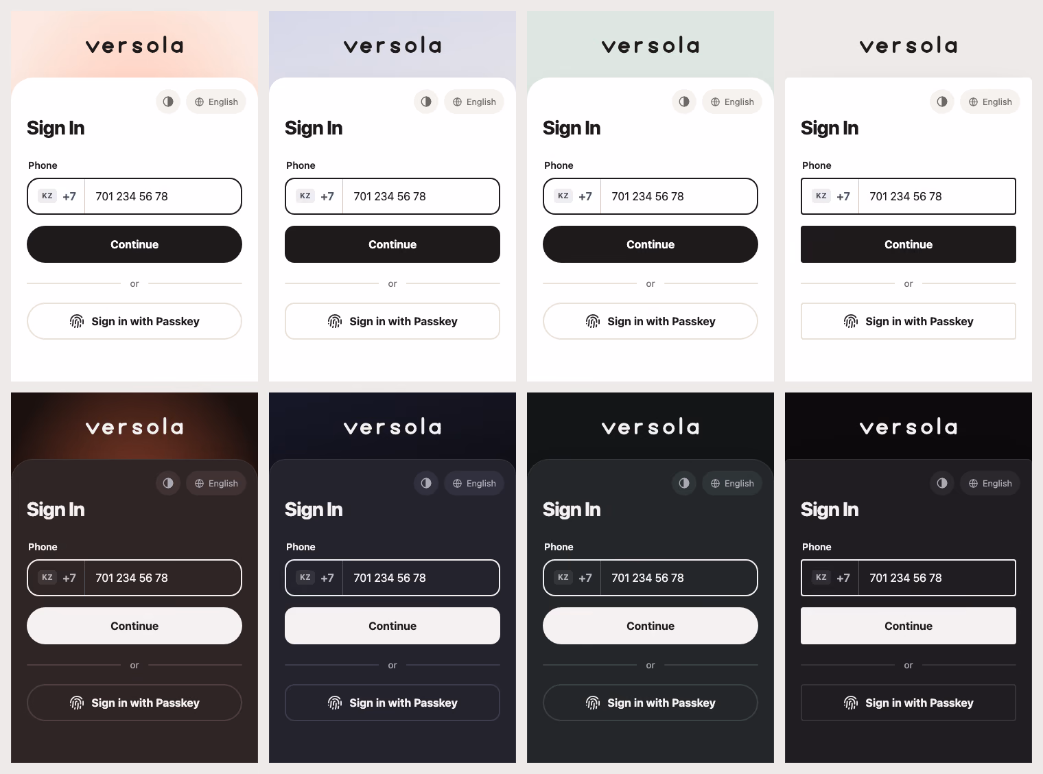 The phone sign-in screen under the Studio, Fintech, Wellness and Editorial presets, in the light scheme on the top row and the dark scheme on the bottom row: coral glow with pill buttons, a lavender wash, a pale green page with round corners, and a grey page with square corners