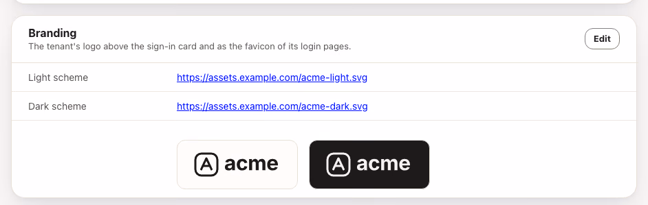 The Branding card of the Security page: the URLs of the light and the dark Acme logo at assets.example.com and, below, both files previewed on a light and a dark swatch