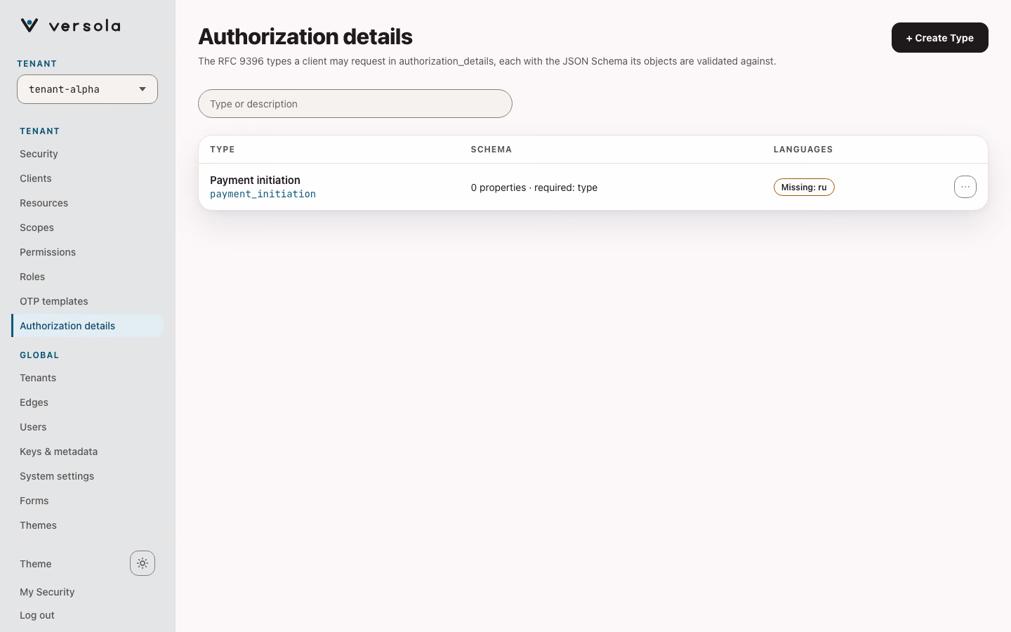 Authorization details page: a search field and a table of registered types with the description and type ID, a schema summary and the languages that have a description.
