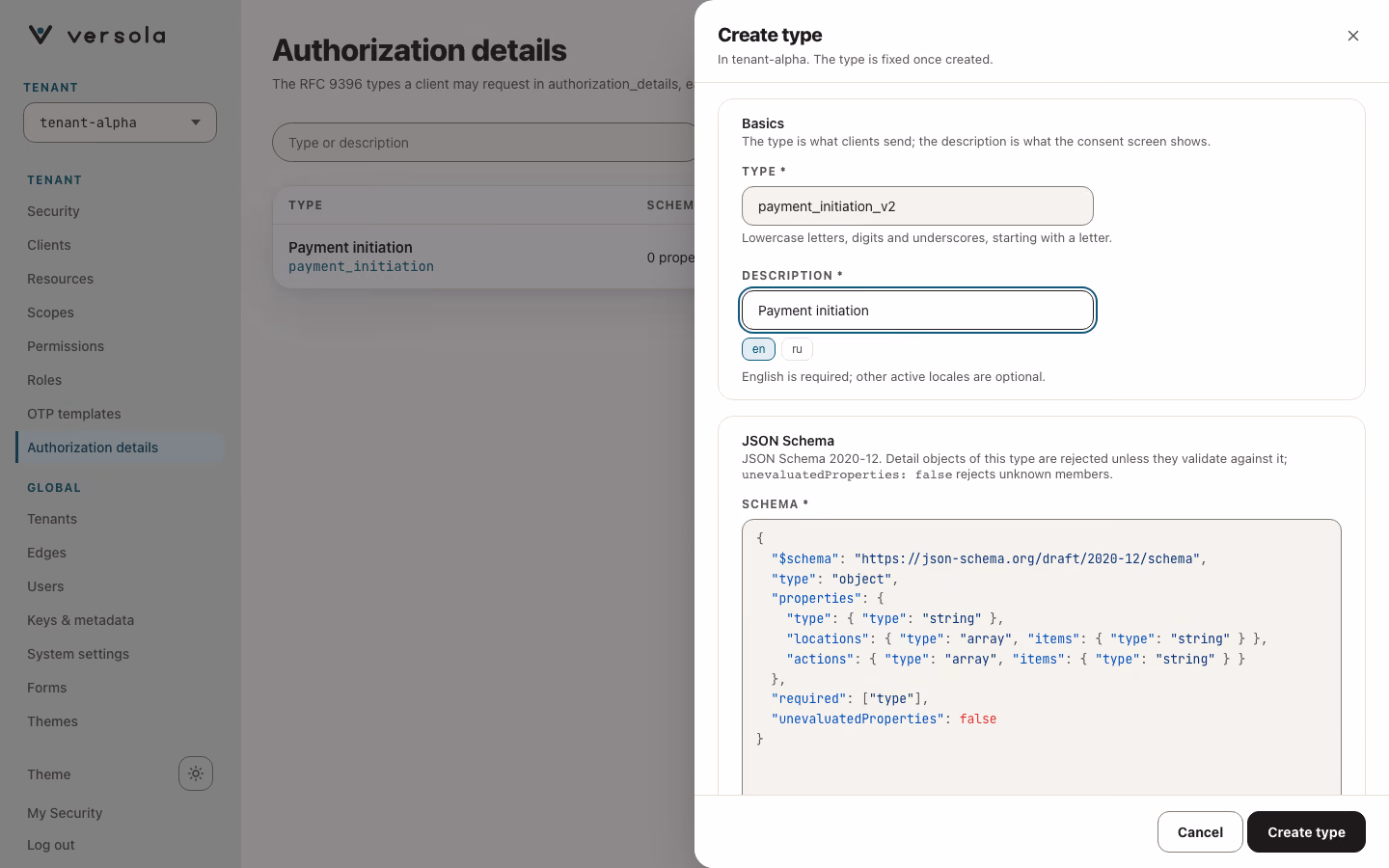 The Create type panel with the Type field, a localized Description field and a JSON Schema code editor prefilled with a 2020-12 starter schema.