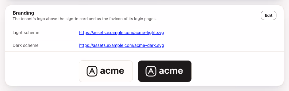 The Branding card: the URLs of the light and the dark file of the Acme logo, and the two files previewed on a light and a dark swatch.