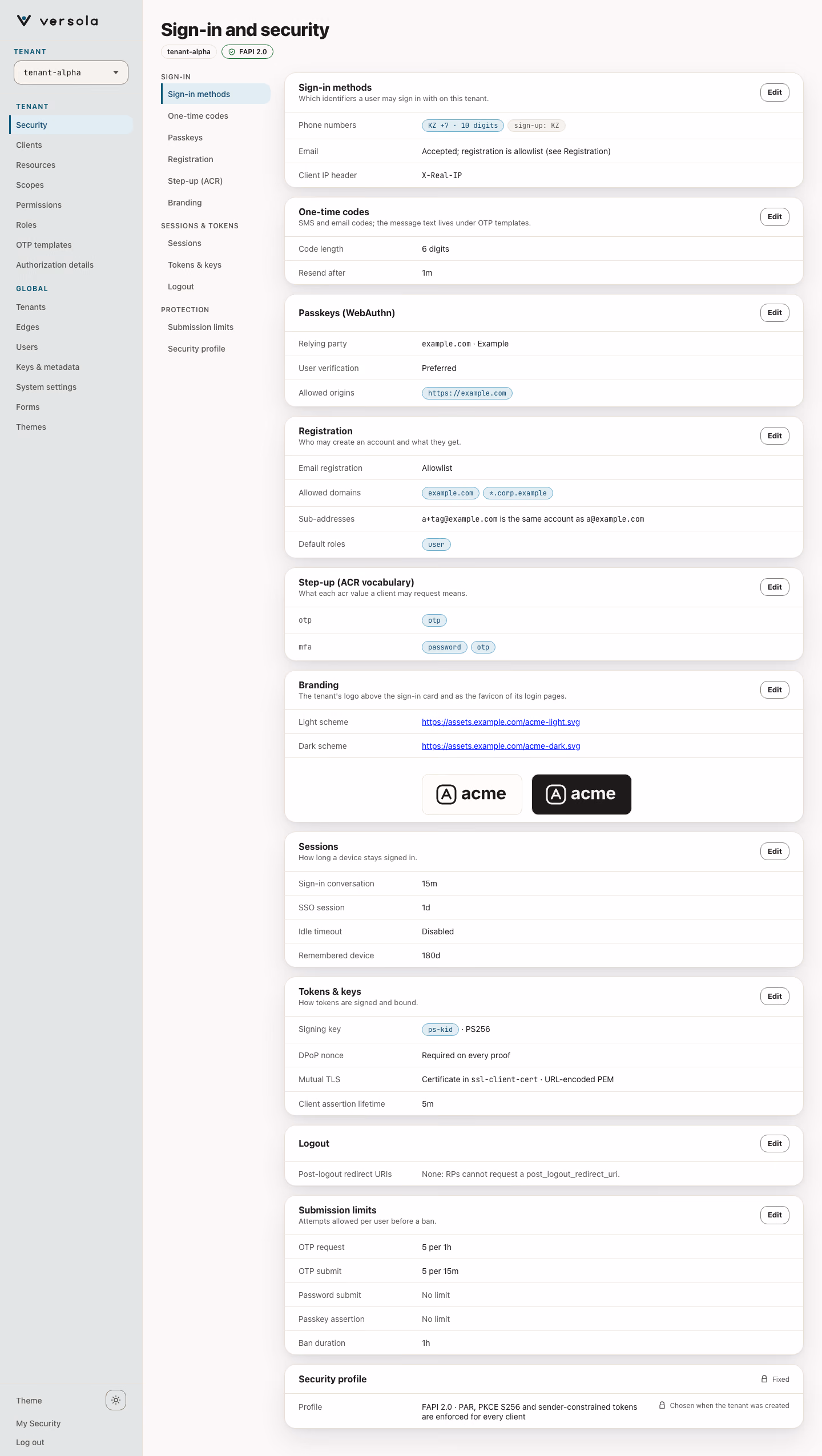 The Sign-in and security page of a tenant: the section rail on the left and one card per group, from Sign-in methods to Submission limits, each with an Edit button, ending with the fixed Security profile card.