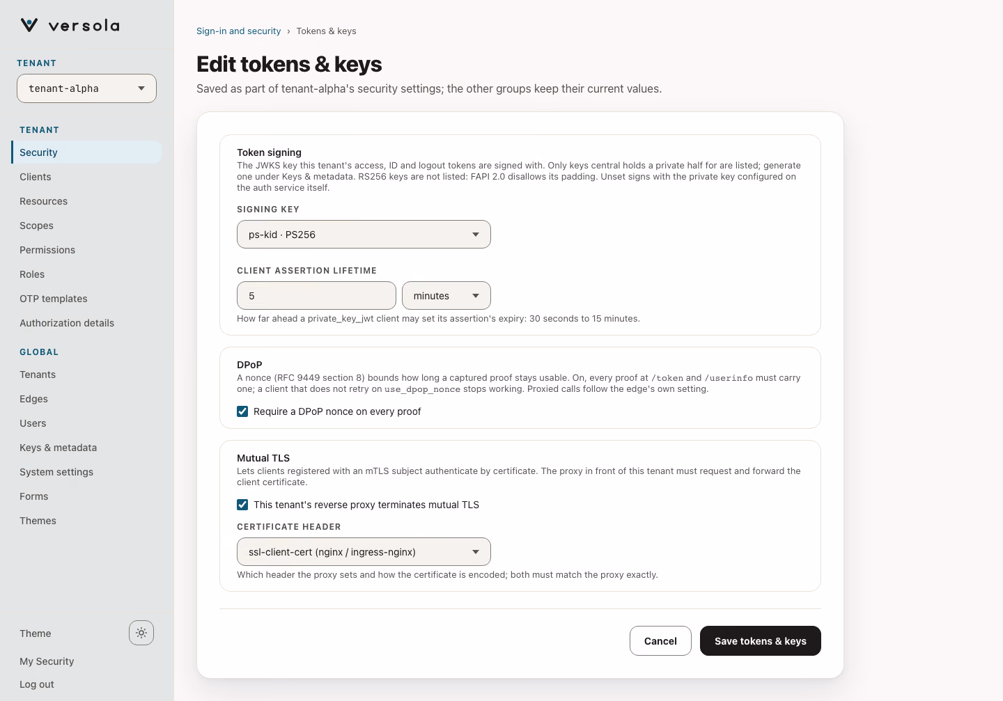 Edit tokens and keys page: the signing key select with the client assertion lifetime, the DPoP nonce checkbox and the mutual TLS checkbox with its certificate header and encoding.