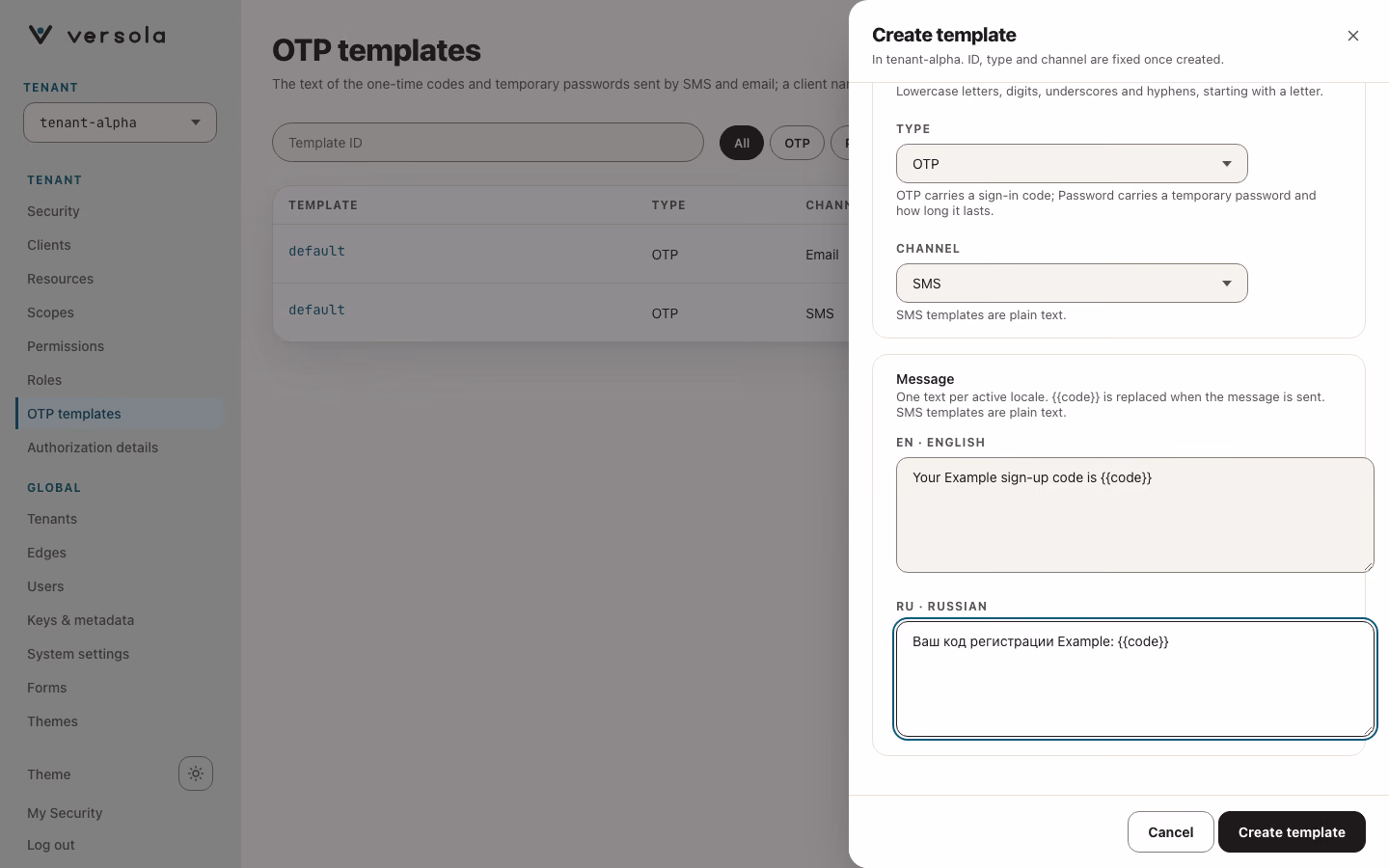The Create template panel over the list: the Type and Channel selects and one message text per active language, each containing the {{code}} placeholder.