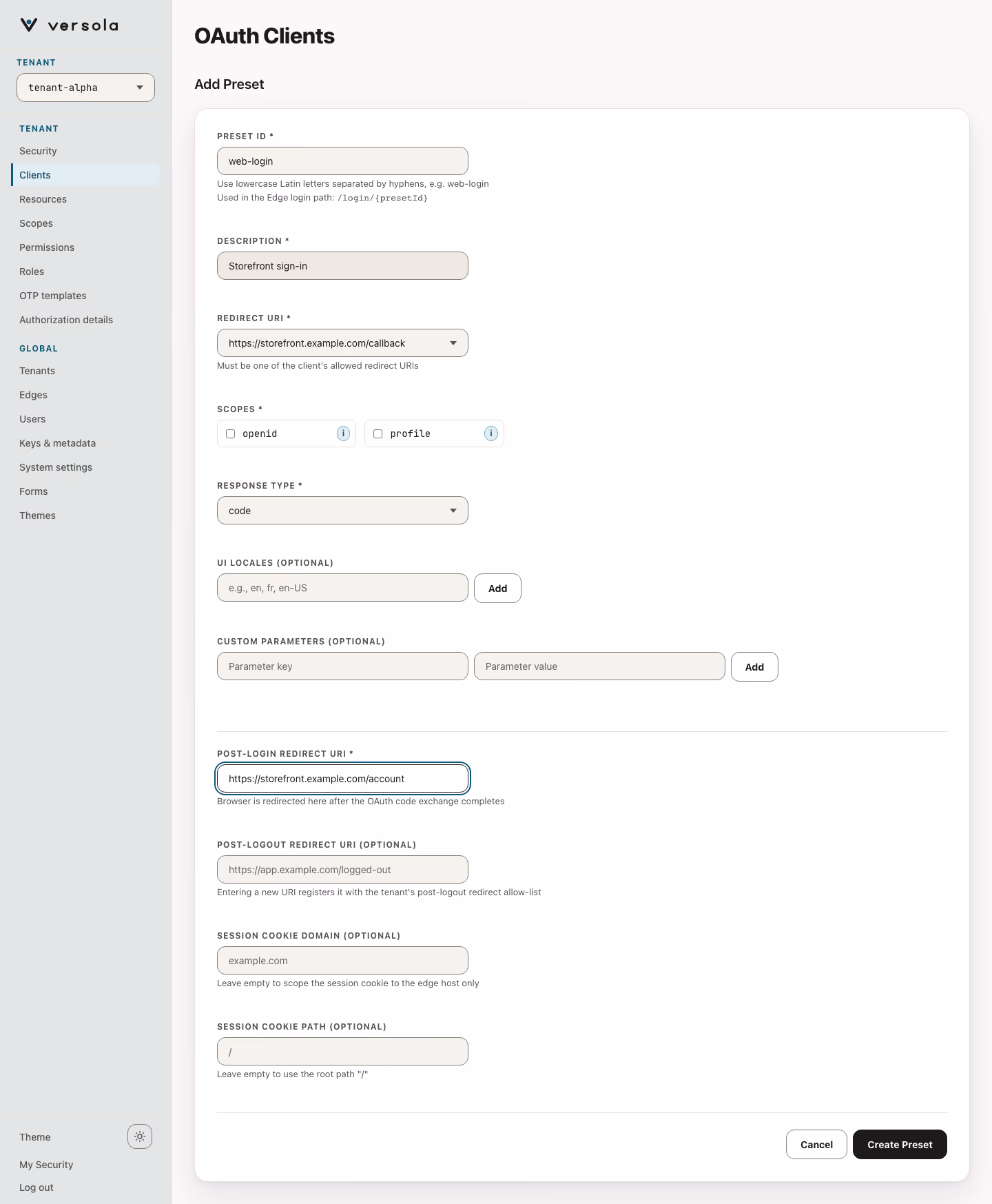 Authorization preset form.