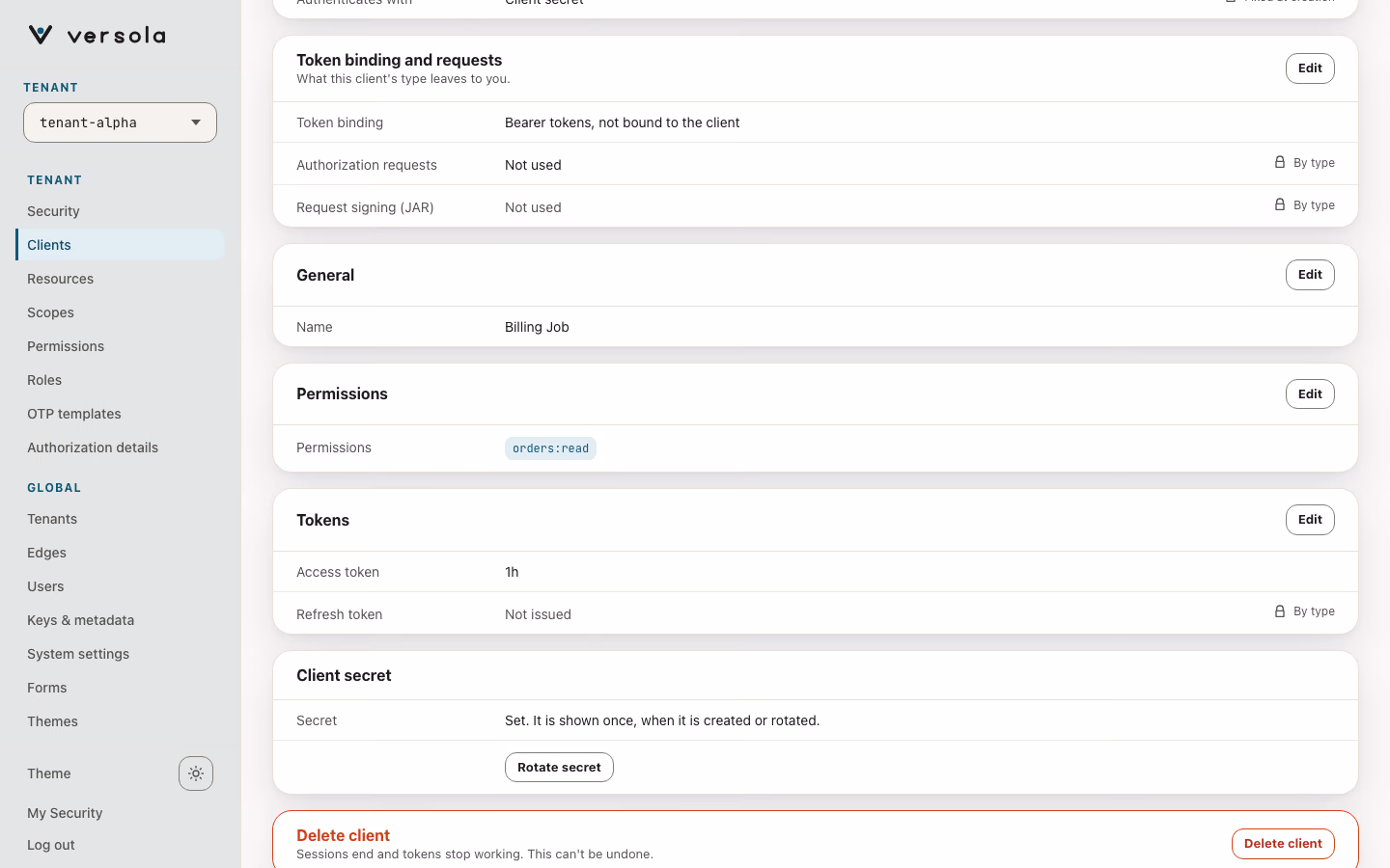 Banner shown once after creating a service client, with the client secret.