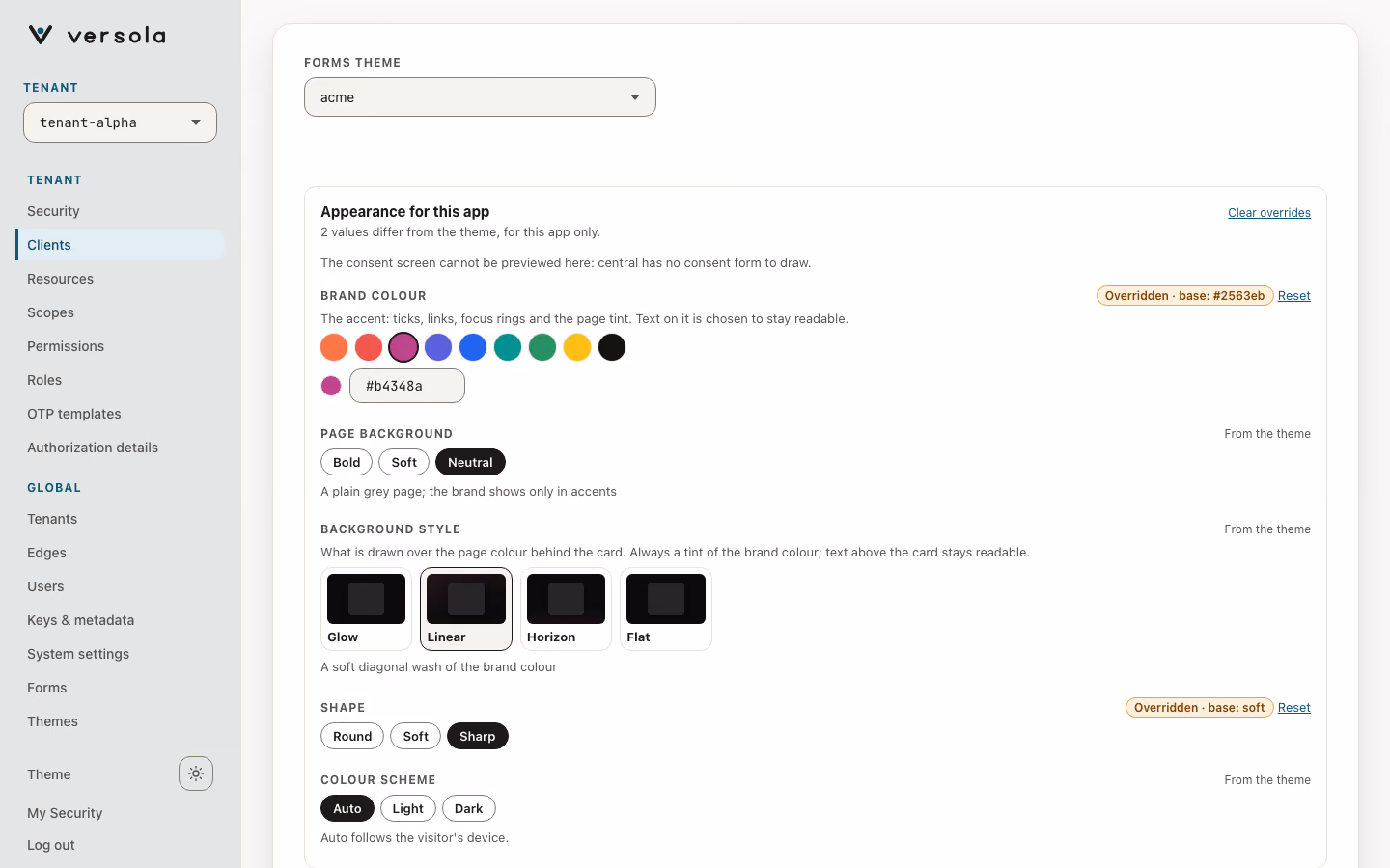Branding and logout edit page of the partner app Acme Wallet: the acme theme is selected, and Appearance for this app shows the brand colour #b4348a and the Sharp shape marked Overridden, while the page background and colour scheme are the theme's