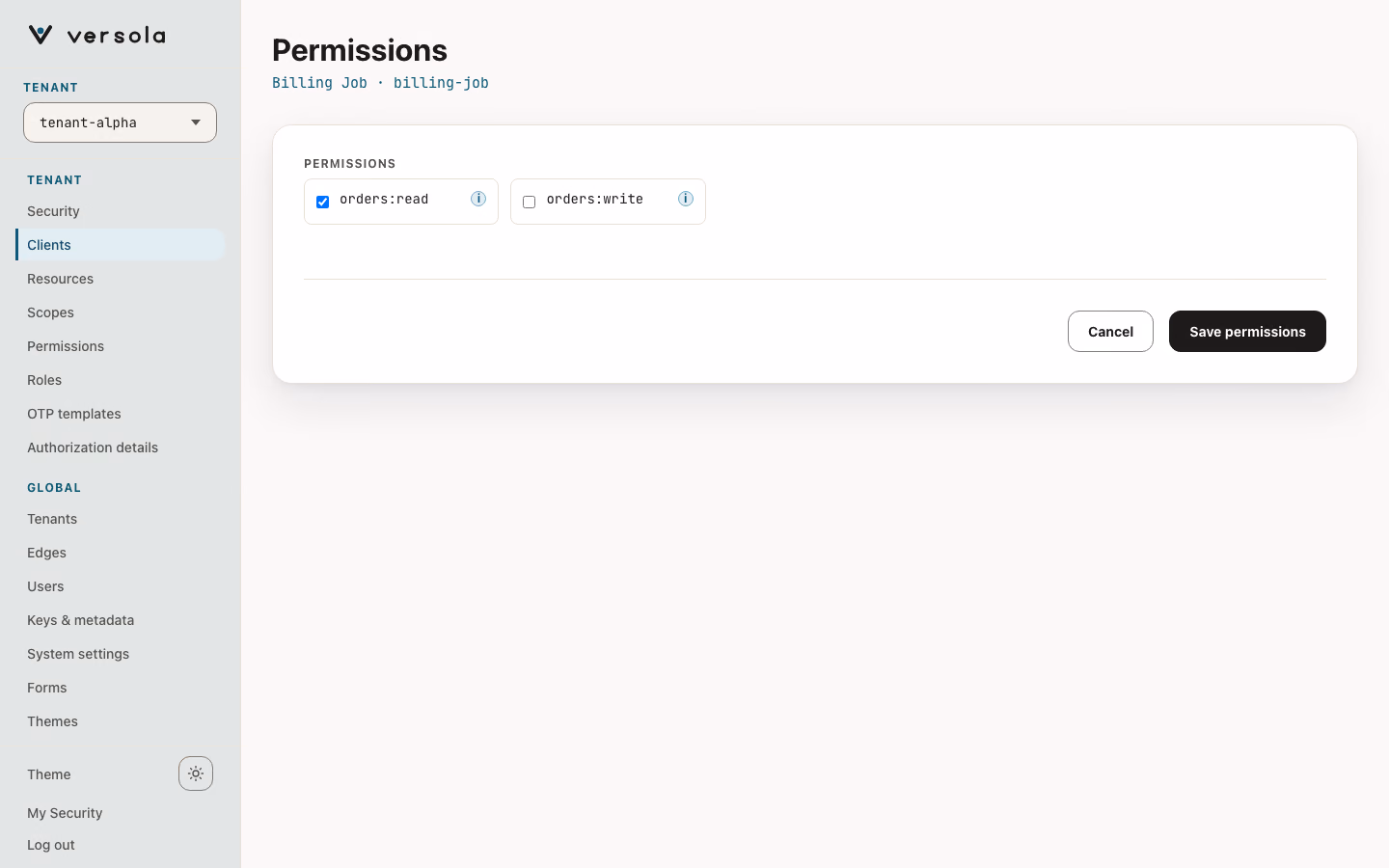 Permissions edit page of a service client.