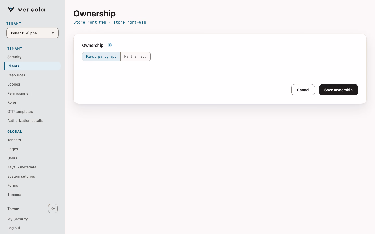 Ownership edit page of a first-party client with First party app selected.