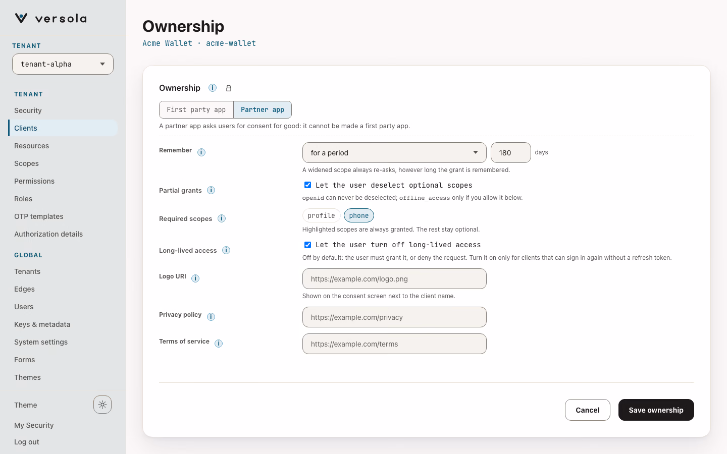 Ownership page of a partner client with partial grants on, phone marked as a required scope and long-lived access optional.