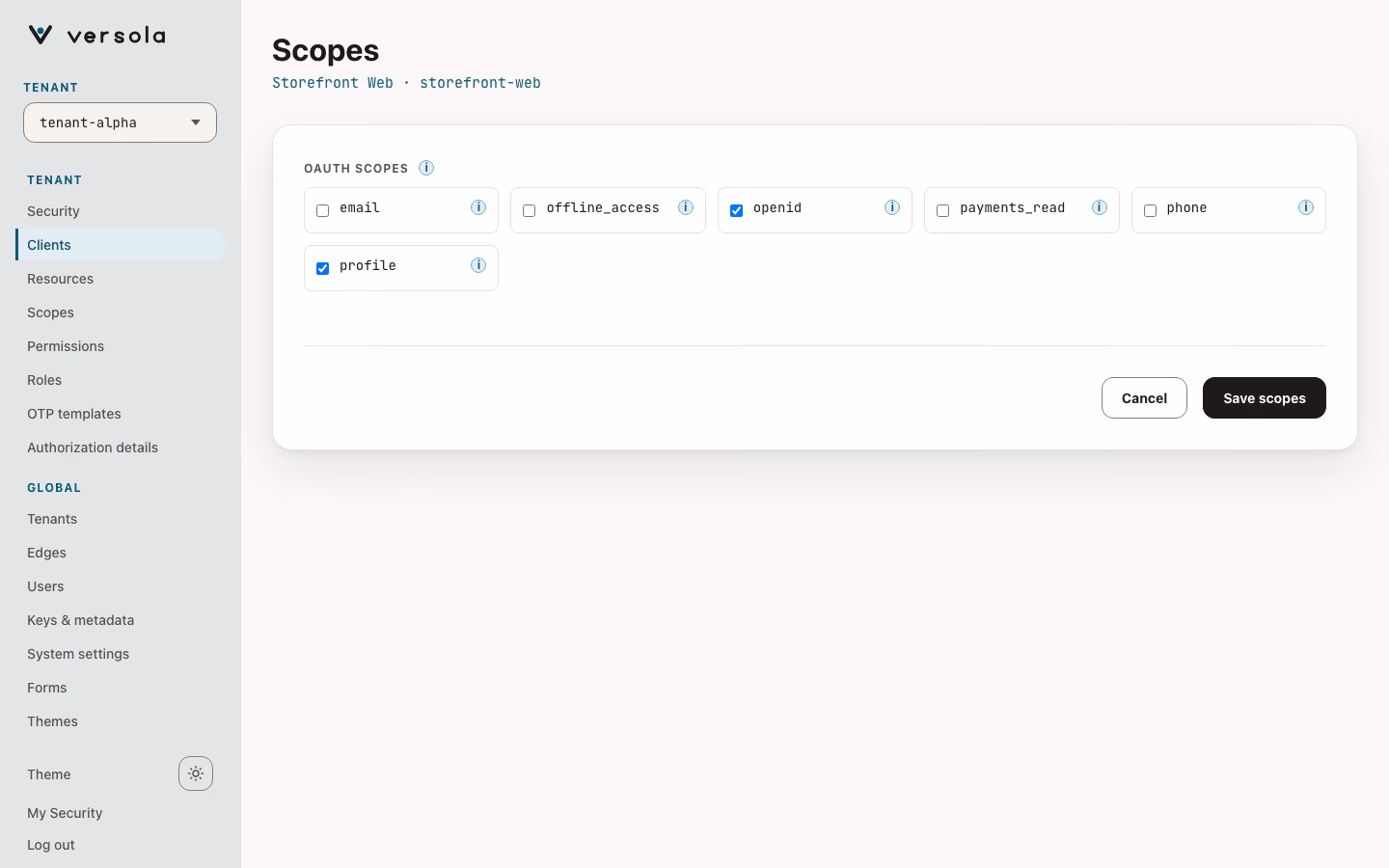 Scopes edit page of a client.