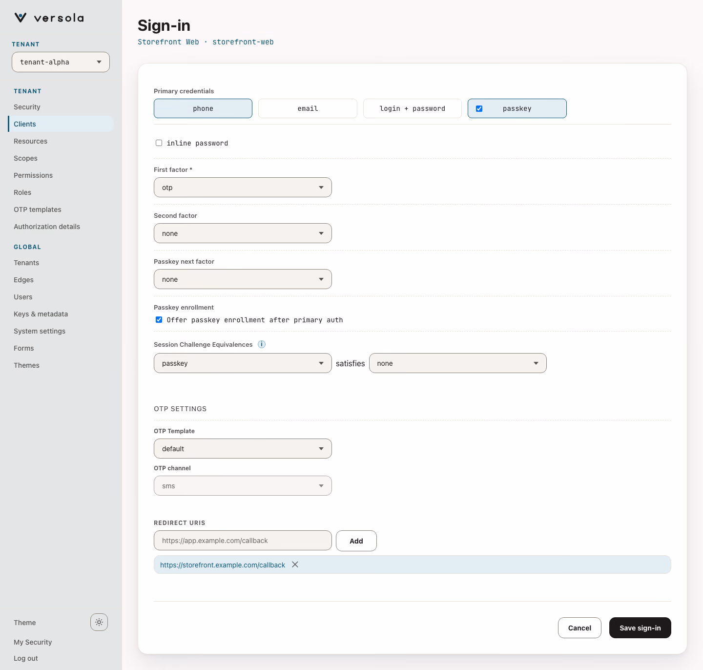 Sign-in edit page of a client: credentials, factors, OTP settings and redirect URIs.