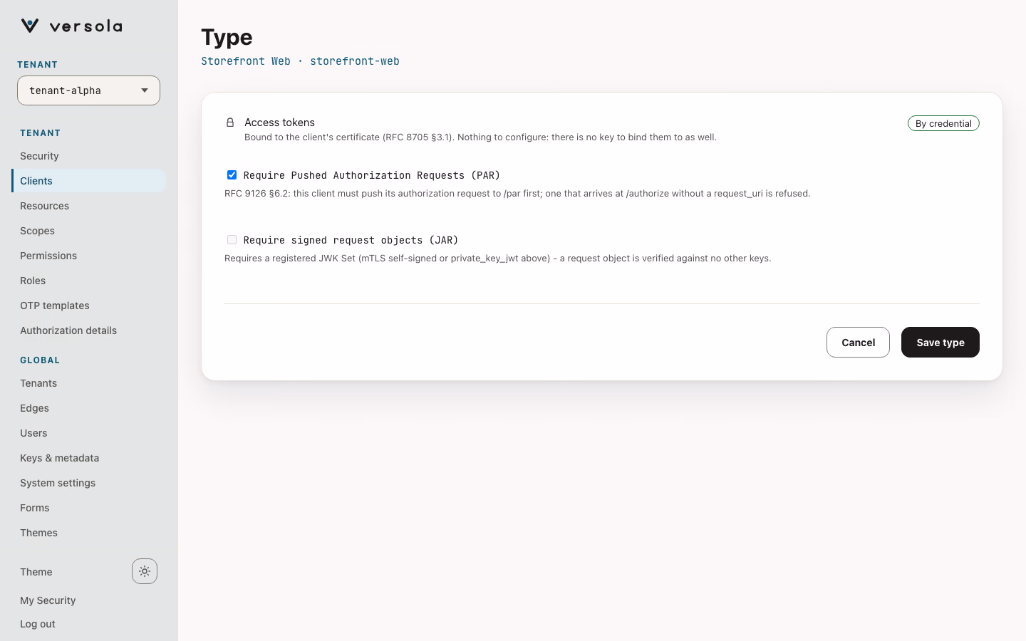 Edit page for token binding and request integrity of a web client.