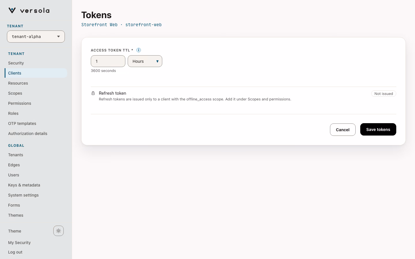 Tokens edit page of a client with access token TTL.