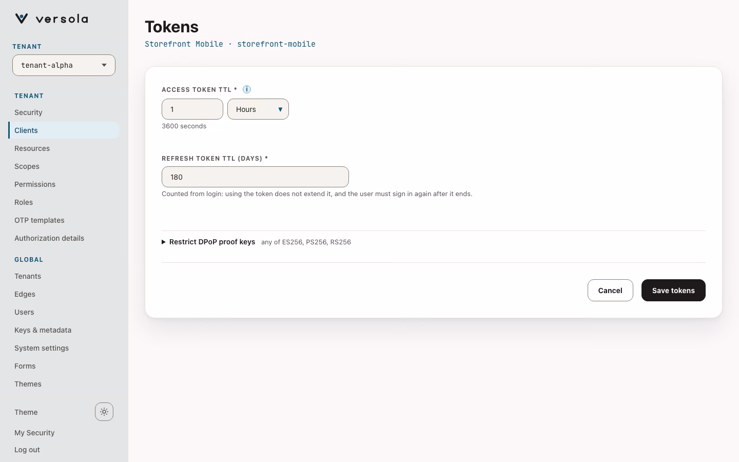 Tokens edit page of a mobile client.