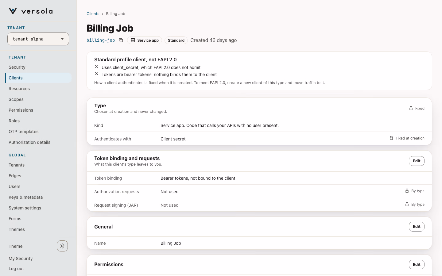Client page of a service app using a client secret.