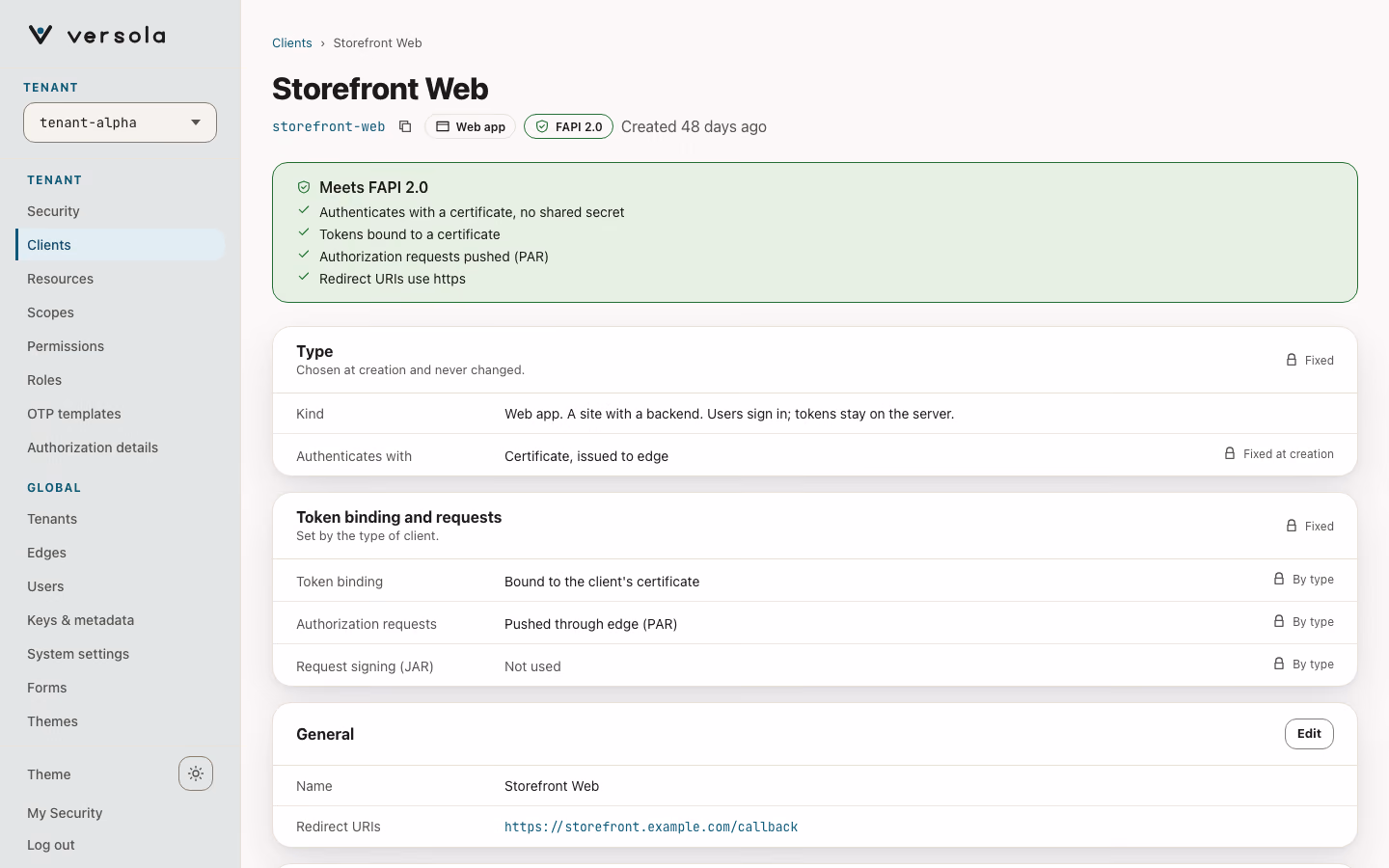 Client page of a web app that meets FAPI 2.0.