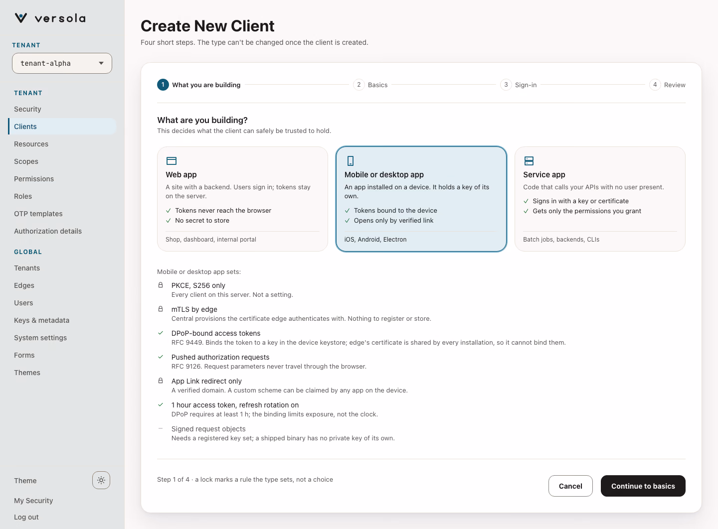 Client wizard step 1: choosing Mobile or desktop app with the plan of what it sets.