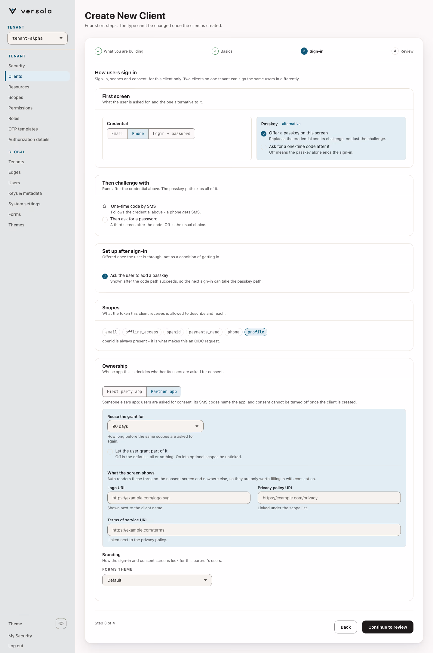 Sign-in step of the wizard with consent enabled, which makes the client a partner.