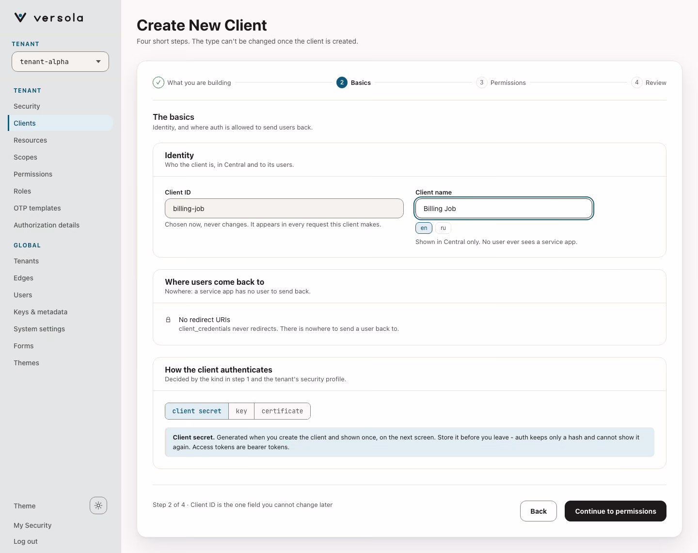 Client wizard step 2 (Basics) for Service app, filled in.