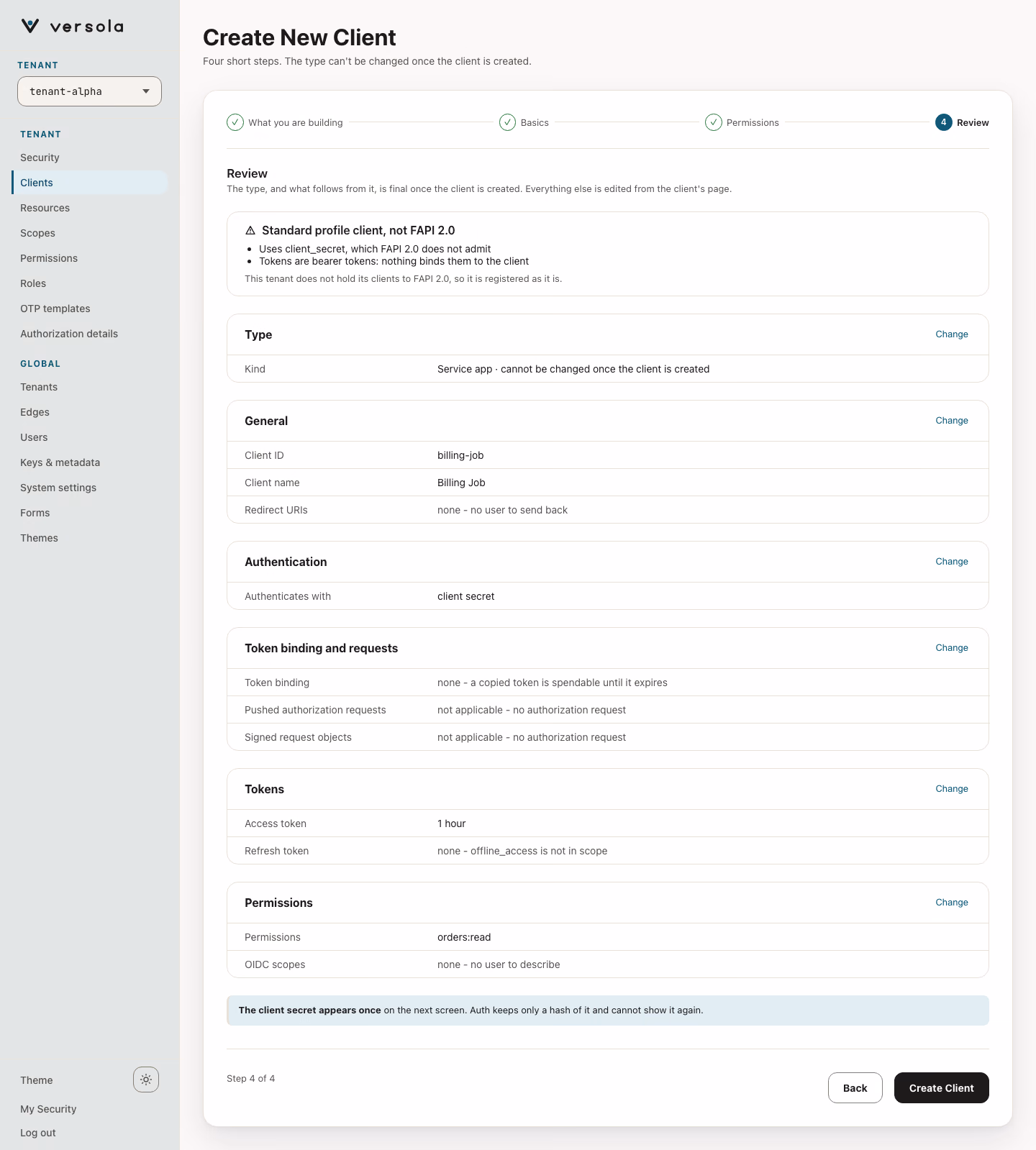 Client wizard step 4 (Review) for Service app.