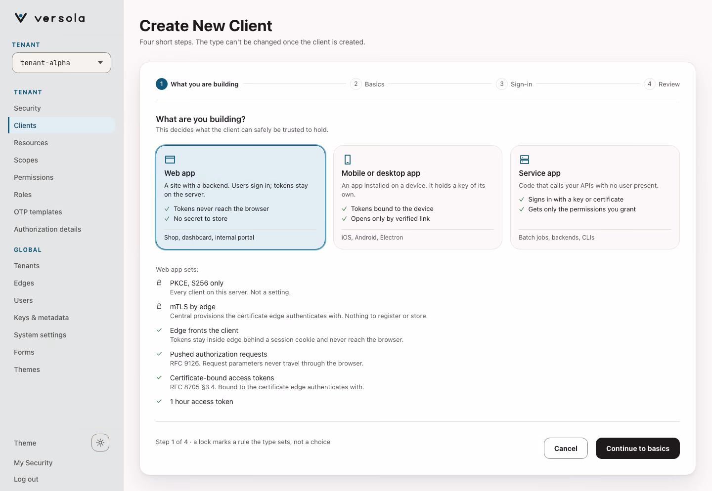Client wizard step 1: choosing Web app with the plan of what it sets.