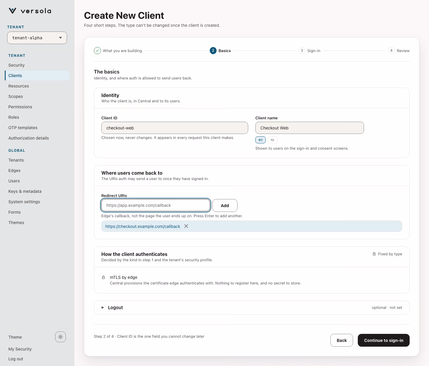 Client wizard step 2 (Basics) for Web app, filled in.