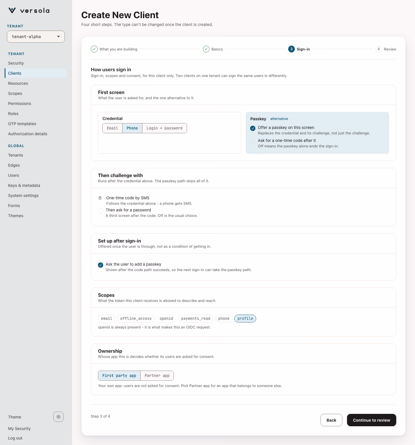 Sign-in step of the client wizard with the phone credential, the one-time code by SMS and the passkey options.