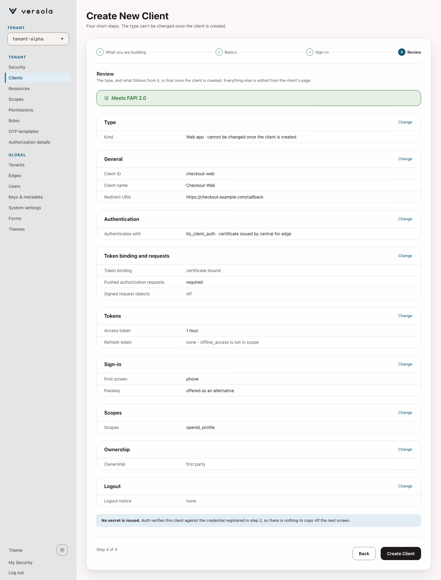 Client wizard step 4 (Review) for Web app.
