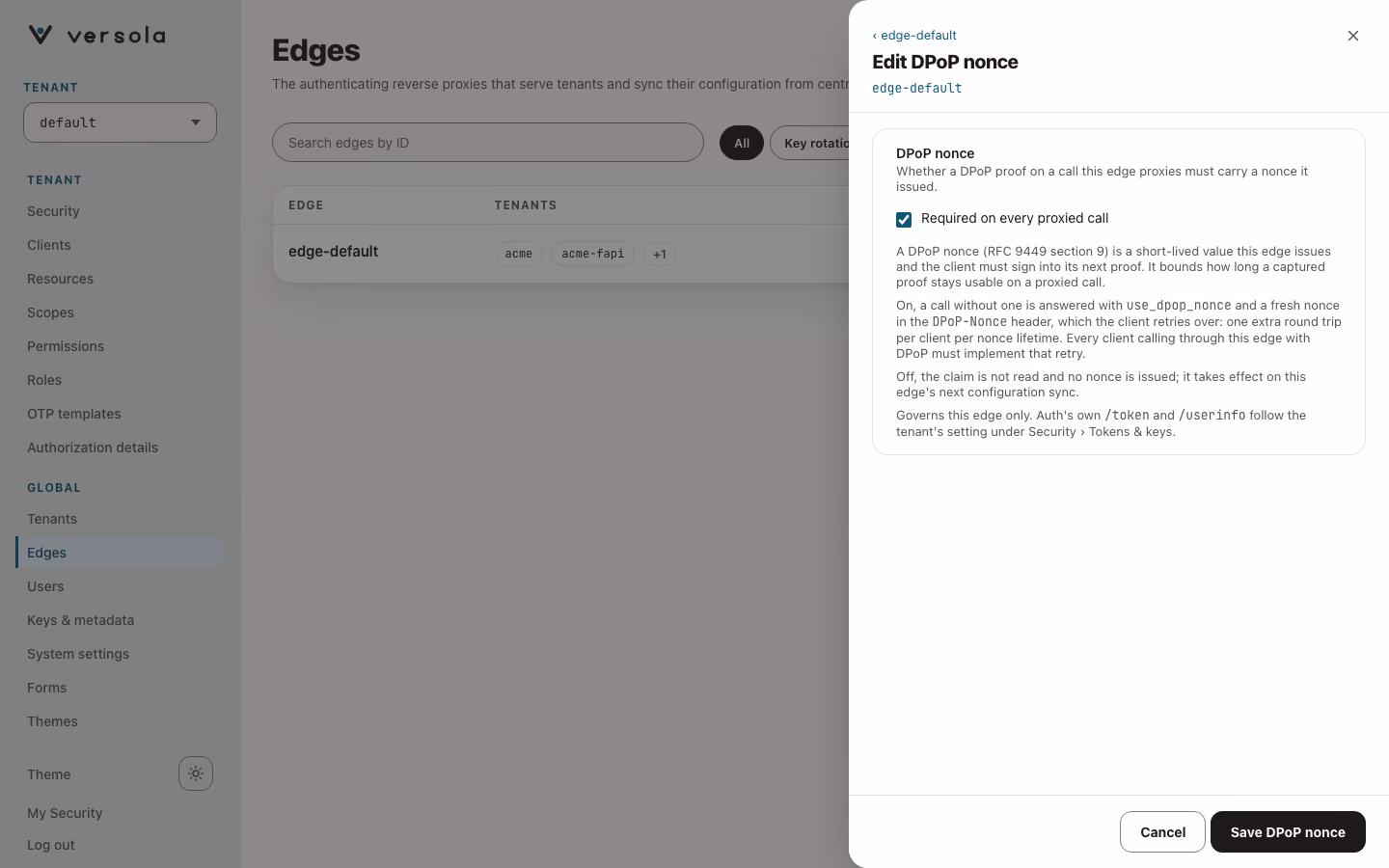 Edit Edge page for edge-default with the Rotate Key and Close buttons