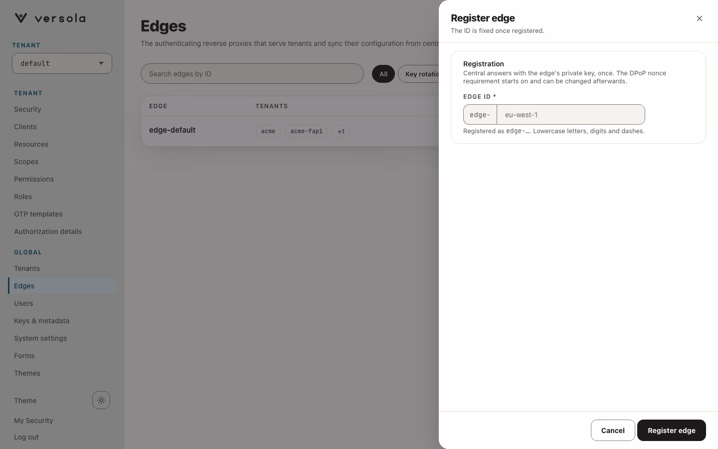 Create Edge form with the fixed edge- prefix in front of the Edge ID field and Cancel and Create Edge buttons