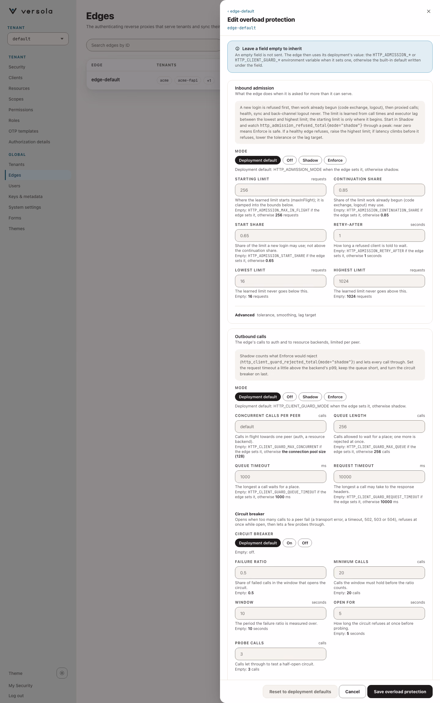 The Edit overload protection panel: the inbound and outbound sections with their modes, fields, the defaults under each field and the Reset to deployment defaults, Cancel and Save buttons