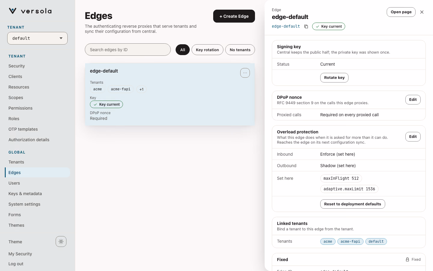 The edge panel with the Overload protection card: inbound Enforce and outbound Shadow set here, the fields that differ from the deployment, and the Reset to deployment defaults button