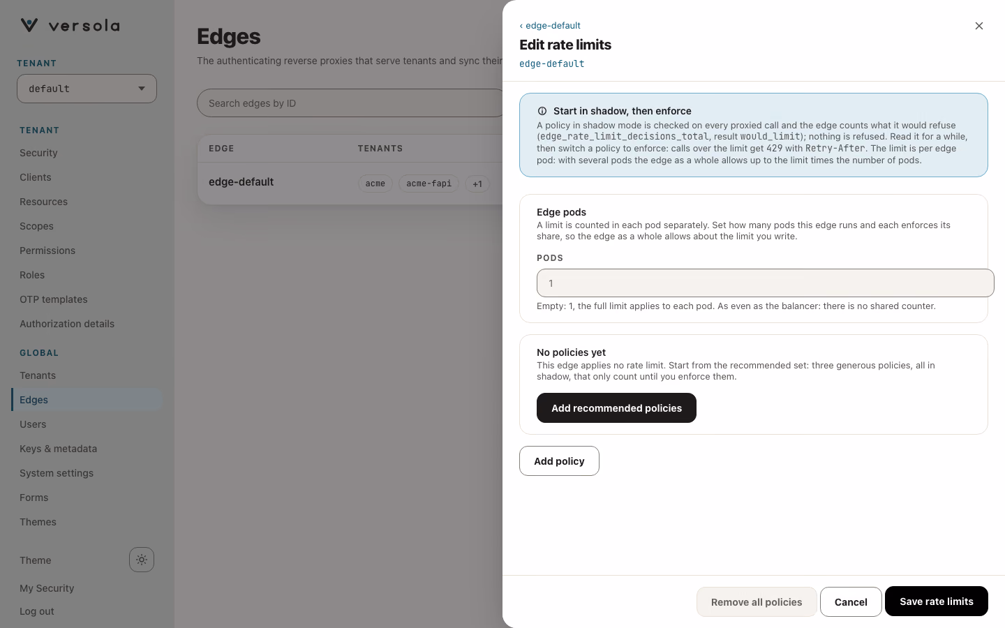 The Edit rate limits panel with no policies: the explanation, the Edge pods field and the Add recommended policies button