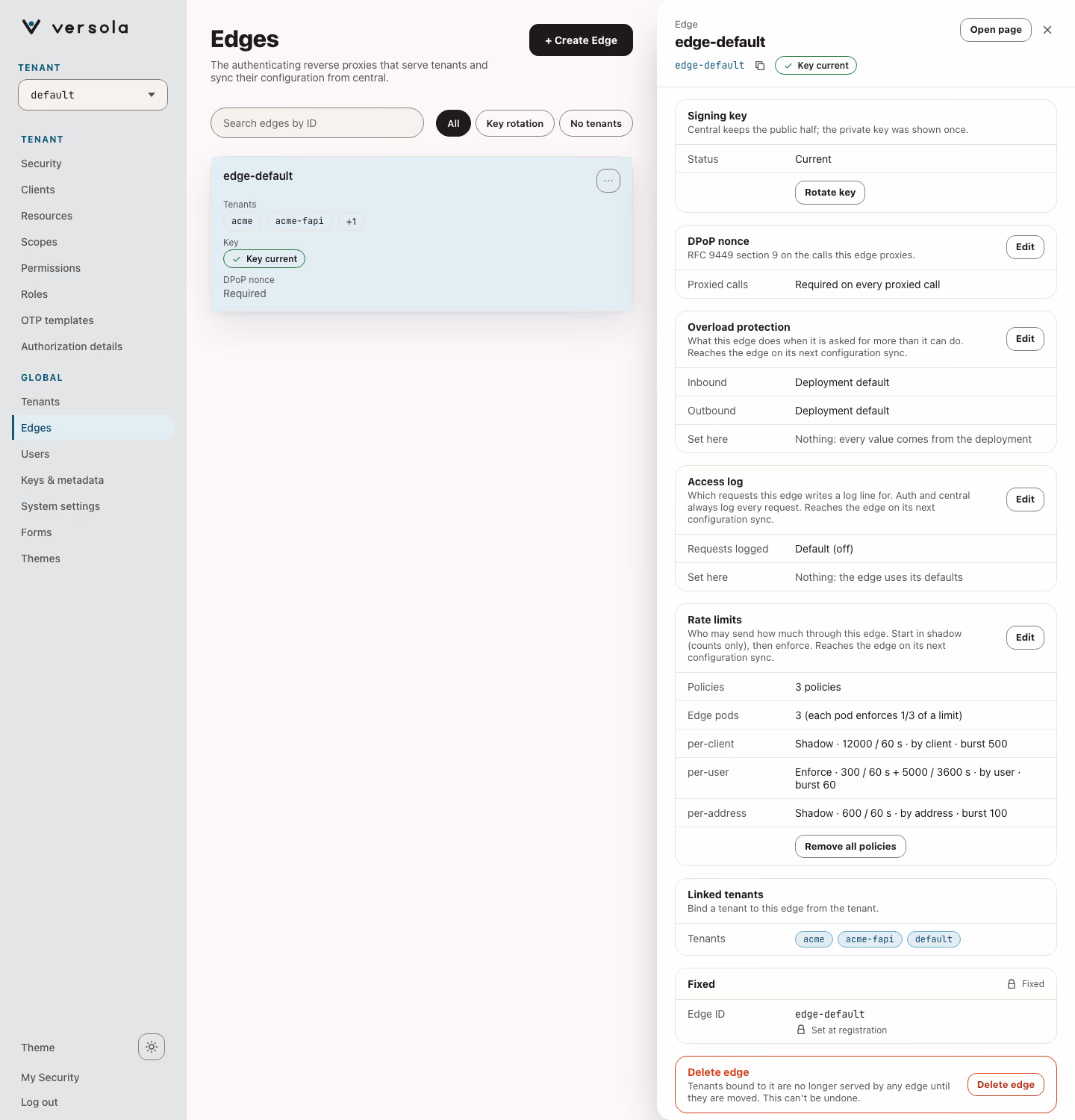 The edge panel with the Rate limits card: three policies, the number of edge pods and the Remove all policies button