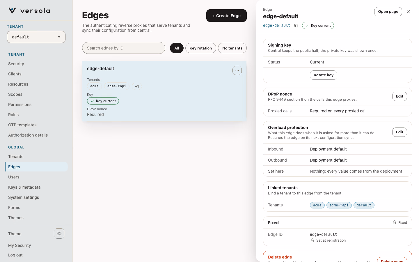Expanded edge-default row with the tenants acme, acme-fapi and default under Linked Tenants and the DPoP Nonce checkbox ticked