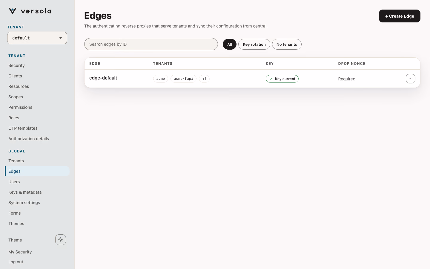 Edges page with a single edge, edge-default, and the pencil and cross icons on its row