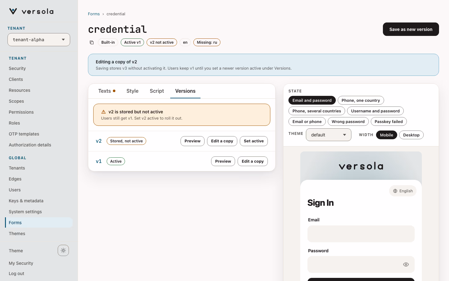 The Versions tab of the credential form: v2 stored but not active with a warning, v1 active, each with Preview, Edit a copy and Set active