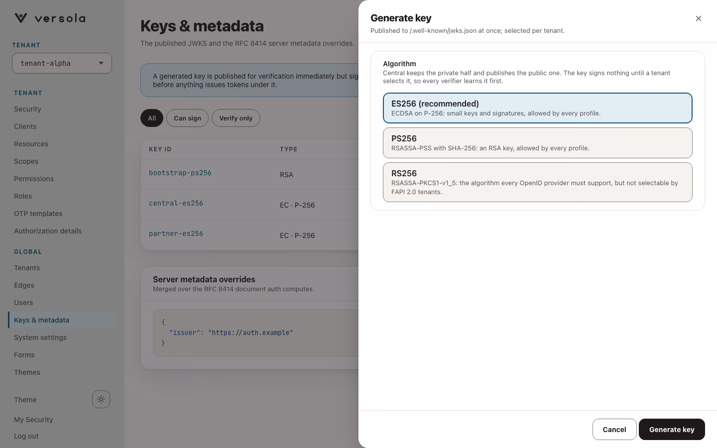 The Generate key panel with the three algorithm choices ES256 (recommended), PS256 and RS256, each with a one-line explanation.