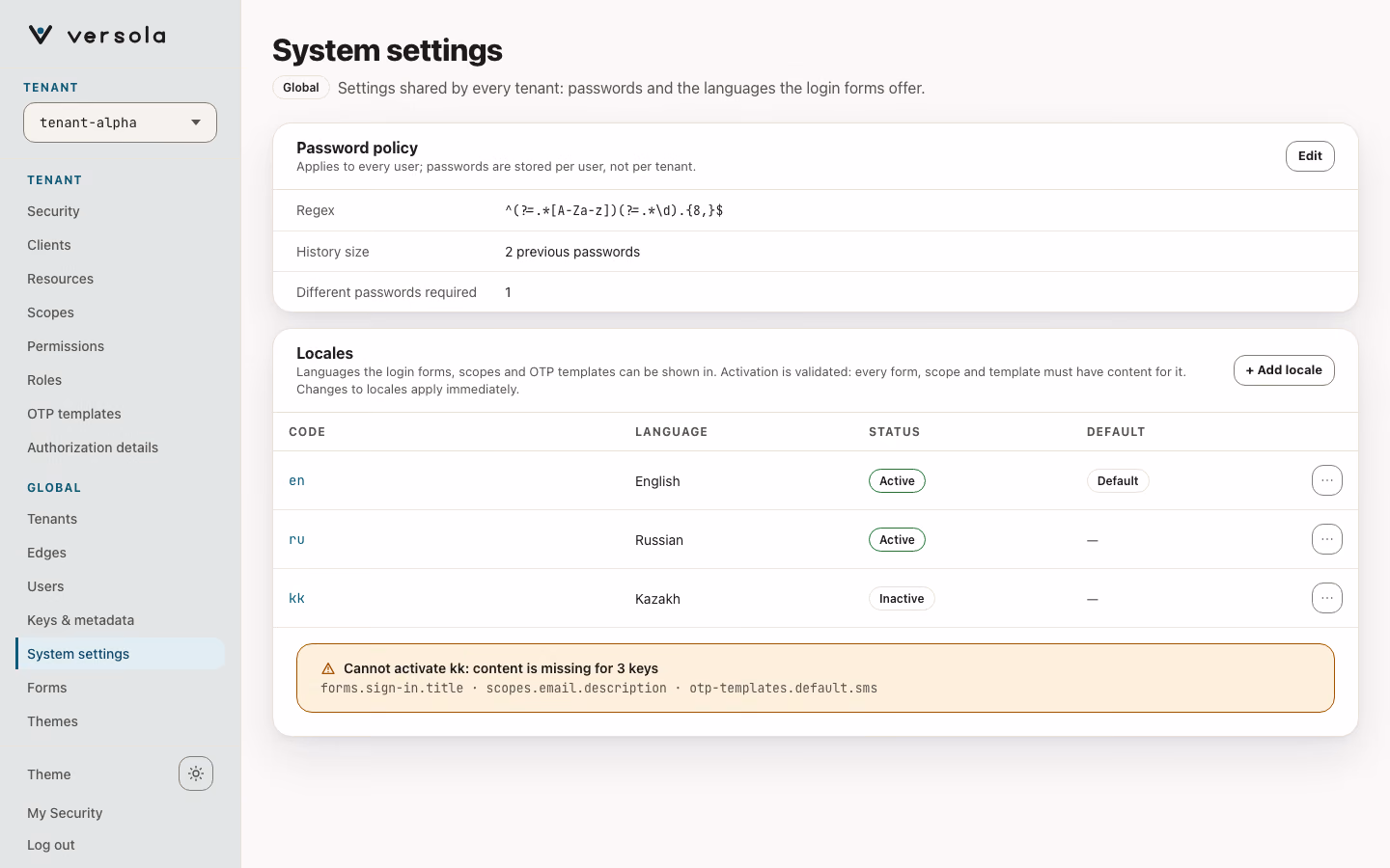 The Locales card with a warning banner that lists the keys missing for the inactive kk locale, such as a form title, a scope description and an OTP template.