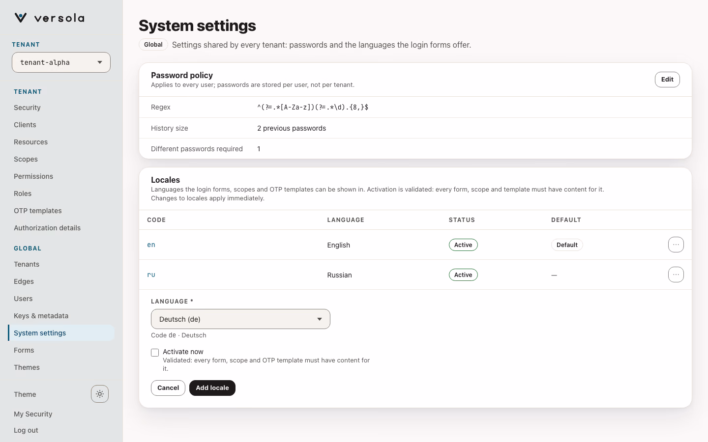 The Add locale form under the table: a language select, the Activate now checkbox and the Cancel and Add locale buttons.