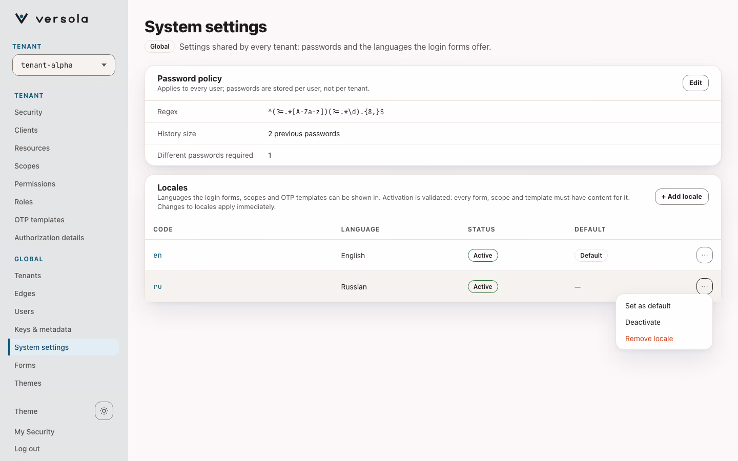 The row menu of the ru locale with Set as default, Deactivate and Remove locale.