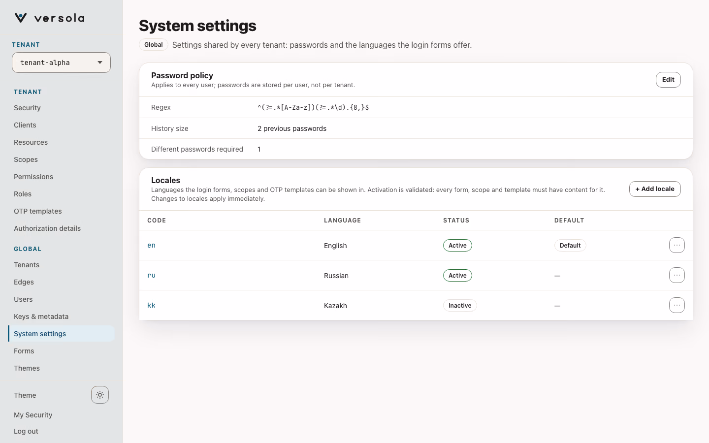 The Locales card on System settings: a table of languages en English, ru Russian and kk Kazakh with Code, Language, Status and Default columns, and the + Add locale button.