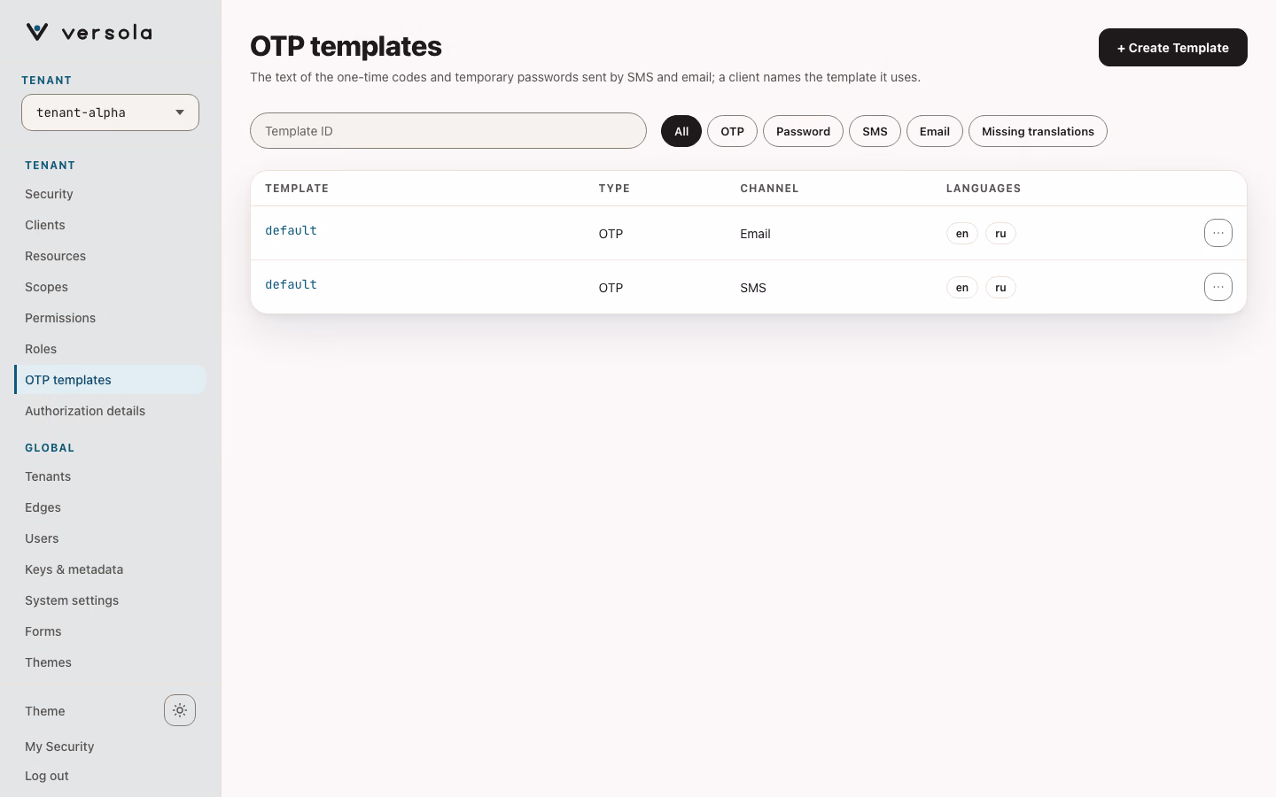 OTP templates page: a search field, the All, OTP, Password, SMS, Email and Missing translations filters, and a table of templates with Template, Type, Channel and Languages columns.