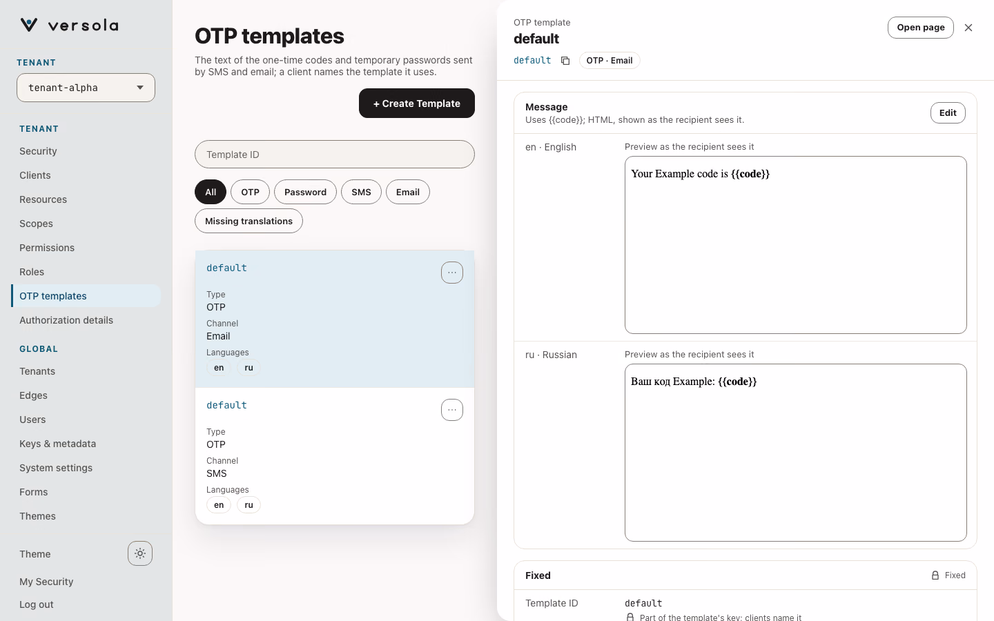 The side panel of an email OTP template: the Message card with an HTML preview per language, and the Fixed card with the template ID, type and channel.